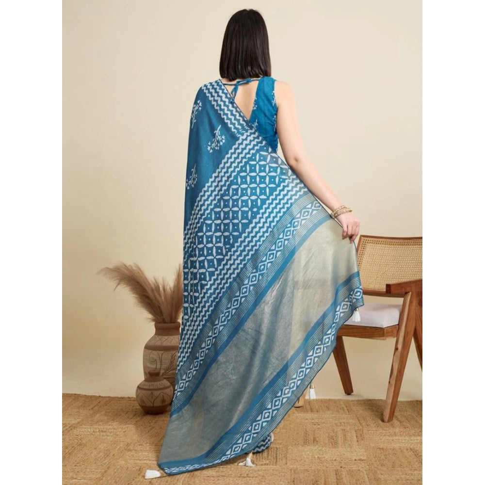 Generic Women's Semi Cotton Printed Saree With Unstitched Blouse 5.5Mtr (Sky-Blue)