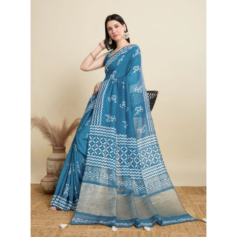 Generic Women's Semi Cotton Printed Saree With Unstitched Blouse 5.5Mtr (Sky-Blue)