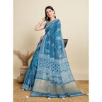 Generic Women's Semi Cotton Printed Saree With Unstitched Blouse 5.5Mtr (Sky-Blue)