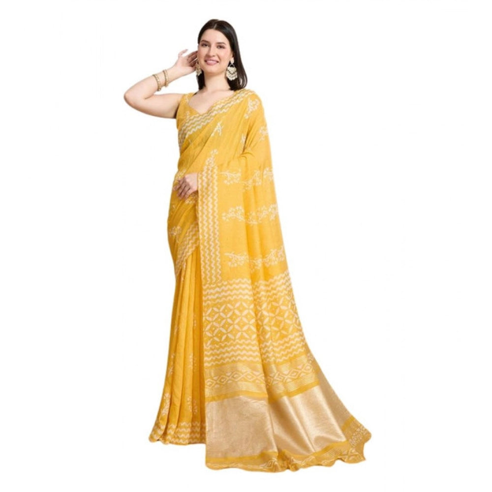 Generic Women's Semi Cotton Printed Saree With Unstitched Blouse 5.5Mtr (Yellow)