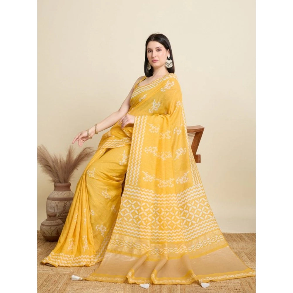 Generic Women's Semi Cotton Printed Saree With Unstitched Blouse 5.5Mtr (Yellow)
