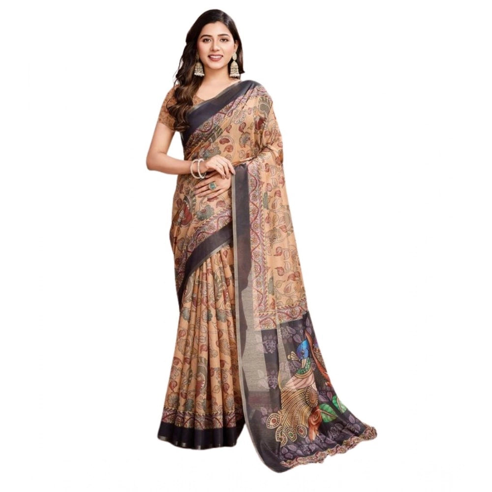 Generic Women's Semi Cotton Digital Print Saree With Unstitched Blouse 5.5Mtr (Beige)