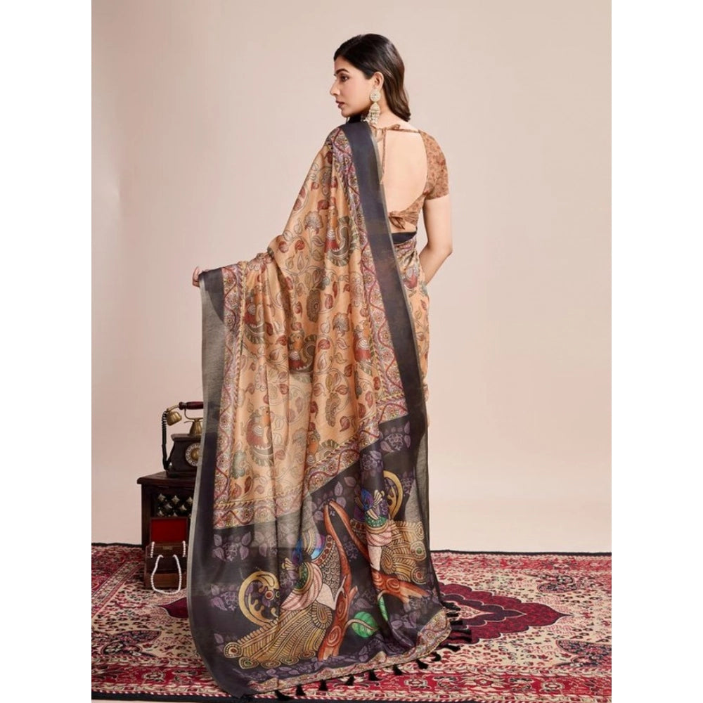 Generic Women's Semi Cotton Digital Print Saree With Unstitched Blouse 5.5Mtr (Beige)