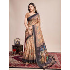 Generic Women's Semi Cotton Digital Print Saree With Unstitched Blouse 5.5Mtr (Beige)