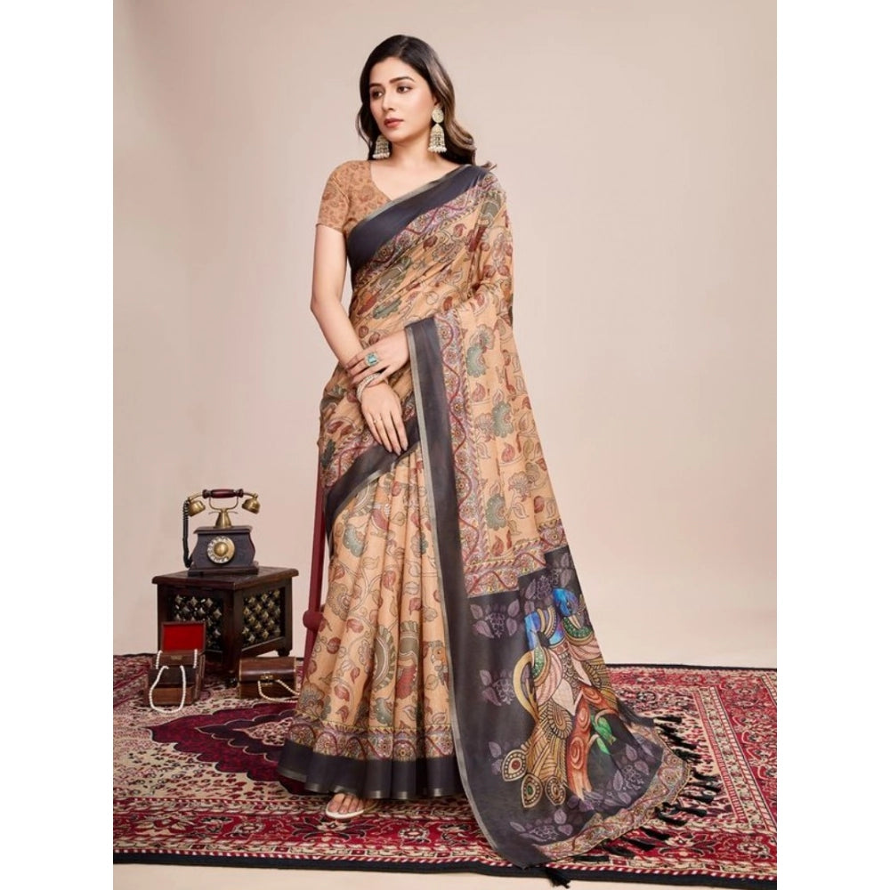 Generic Women's Semi Cotton Digital Print Saree With Unstitched Blouse 5.5Mtr (Beige)