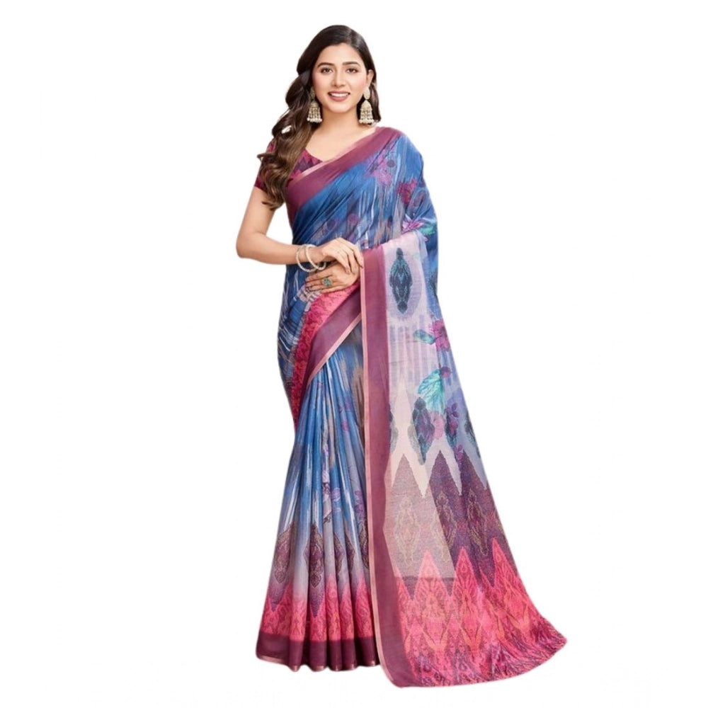 Generic Women's Semi Cotton Digital Print Saree With Unstitched Blouse 5.5Mtr (Blue)