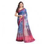 Generic Women's Semi Cotton Digital Print Saree With Unstitched Blouse 5.5Mtr (Blue)