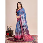 Generic Women's Semi Cotton Digital Print Saree With Unstitched Blouse 5.5Mtr (Blue)