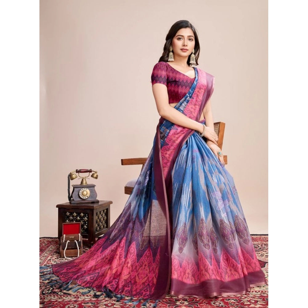 Generic Women's Semi Cotton Digital Print Saree With Unstitched Blouse 5.5Mtr (Blue)