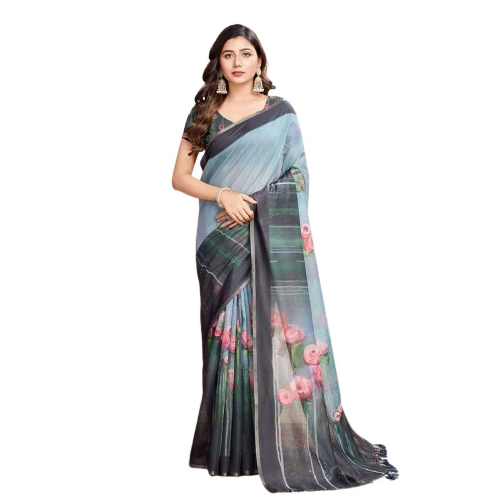 Generic Women's Semi Cotton Digital Print Saree With Unstitched Blouse 5.5Mtr (Green)