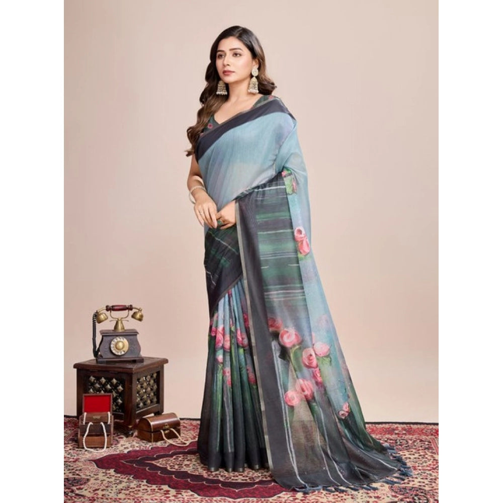 Generic Women's Semi Cotton Digital Print Saree With Unstitched Blouse 5.5Mtr (Green)