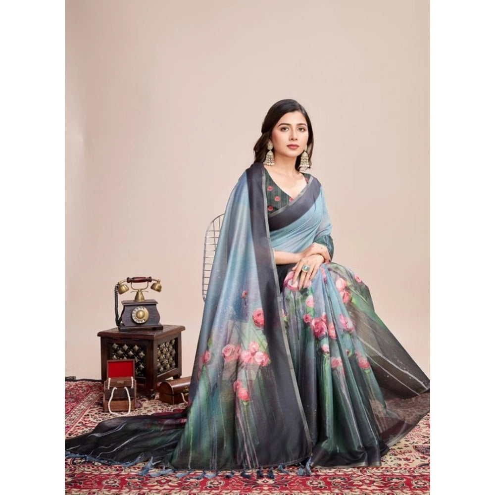 Generic Women's Semi Cotton Digital Print Saree With Unstitched Blouse 5.5Mtr (Green)