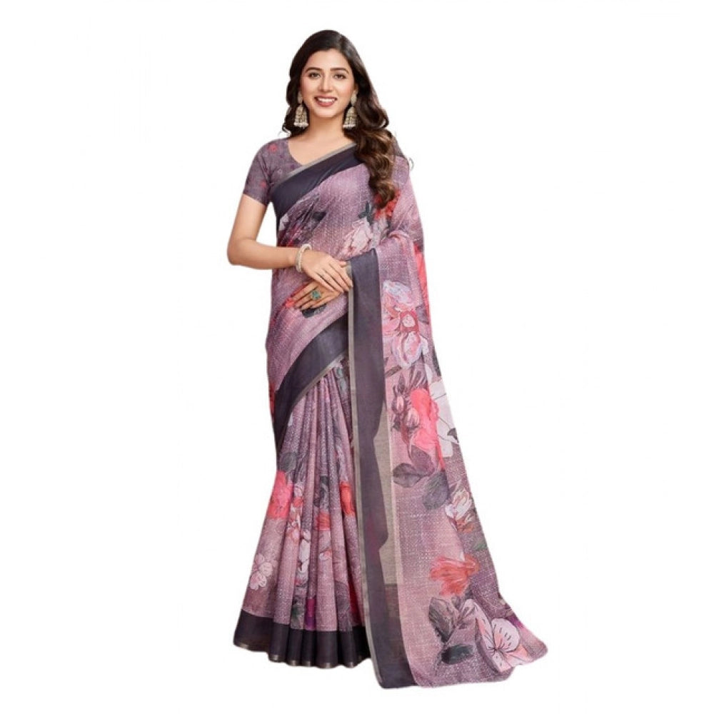 Generic Women's Semi Cotton Digital Print Saree With Unstitched Blouse 5.5Mtr (lavender)