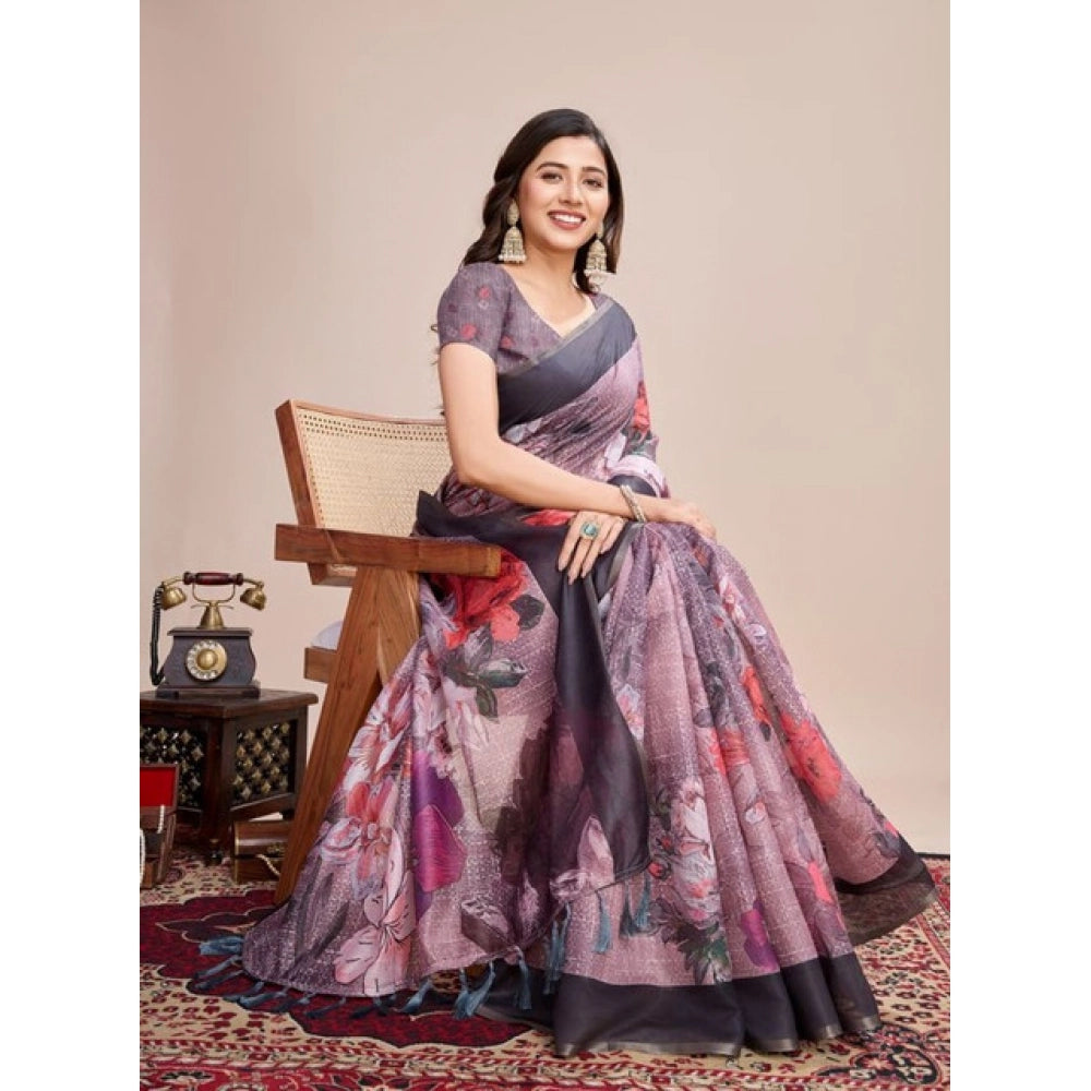 Generic Women's Semi Cotton Digital Print Saree With Unstitched Blouse 5.5Mtr (lavender)