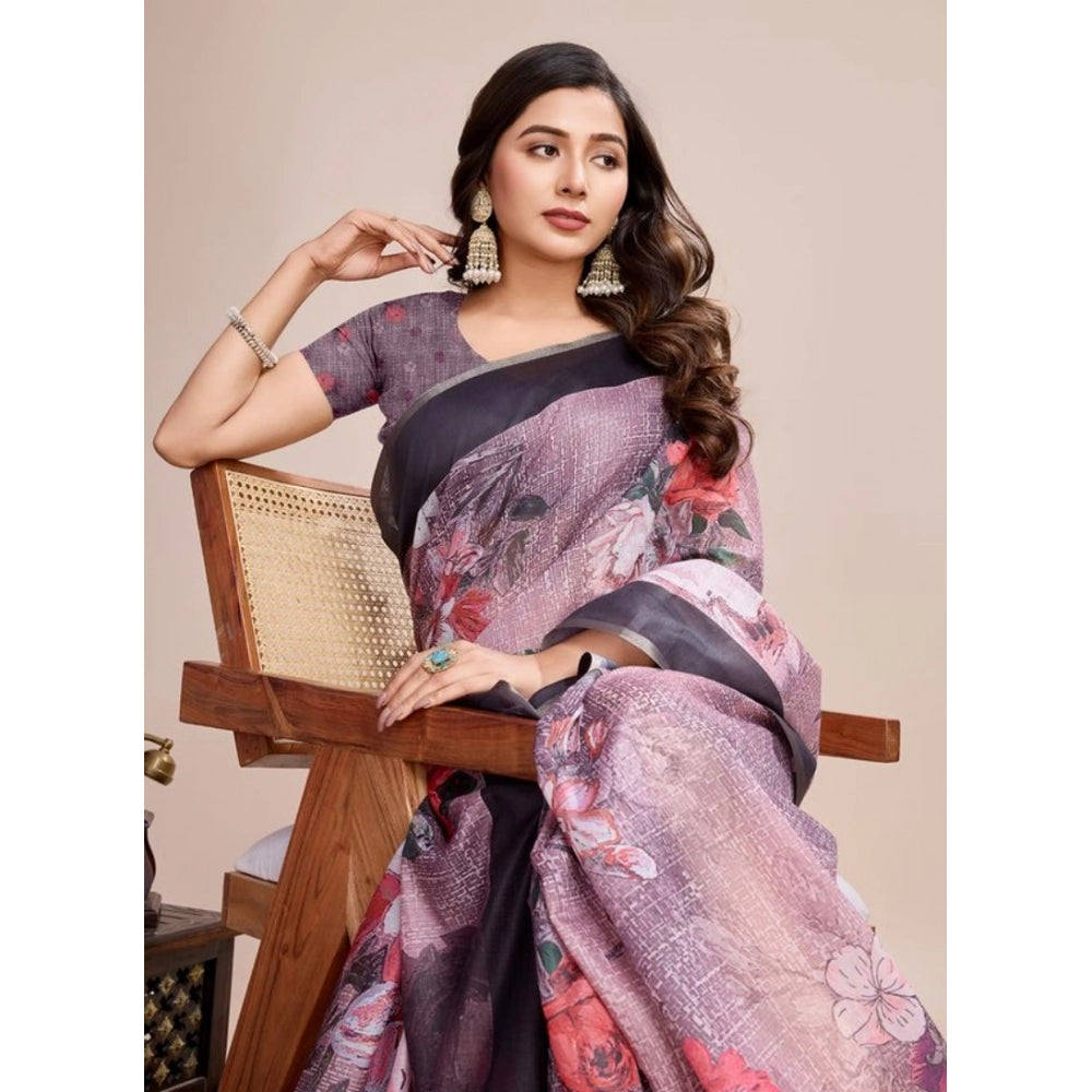 Generic Women's Semi Cotton Digital Print Saree With Unstitched Blouse 5.5Mtr (lavender)
