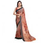Generic Women's Semi Cotton Digital Print Saree With Unstitched Blouse 5.5Mtr (Orange)