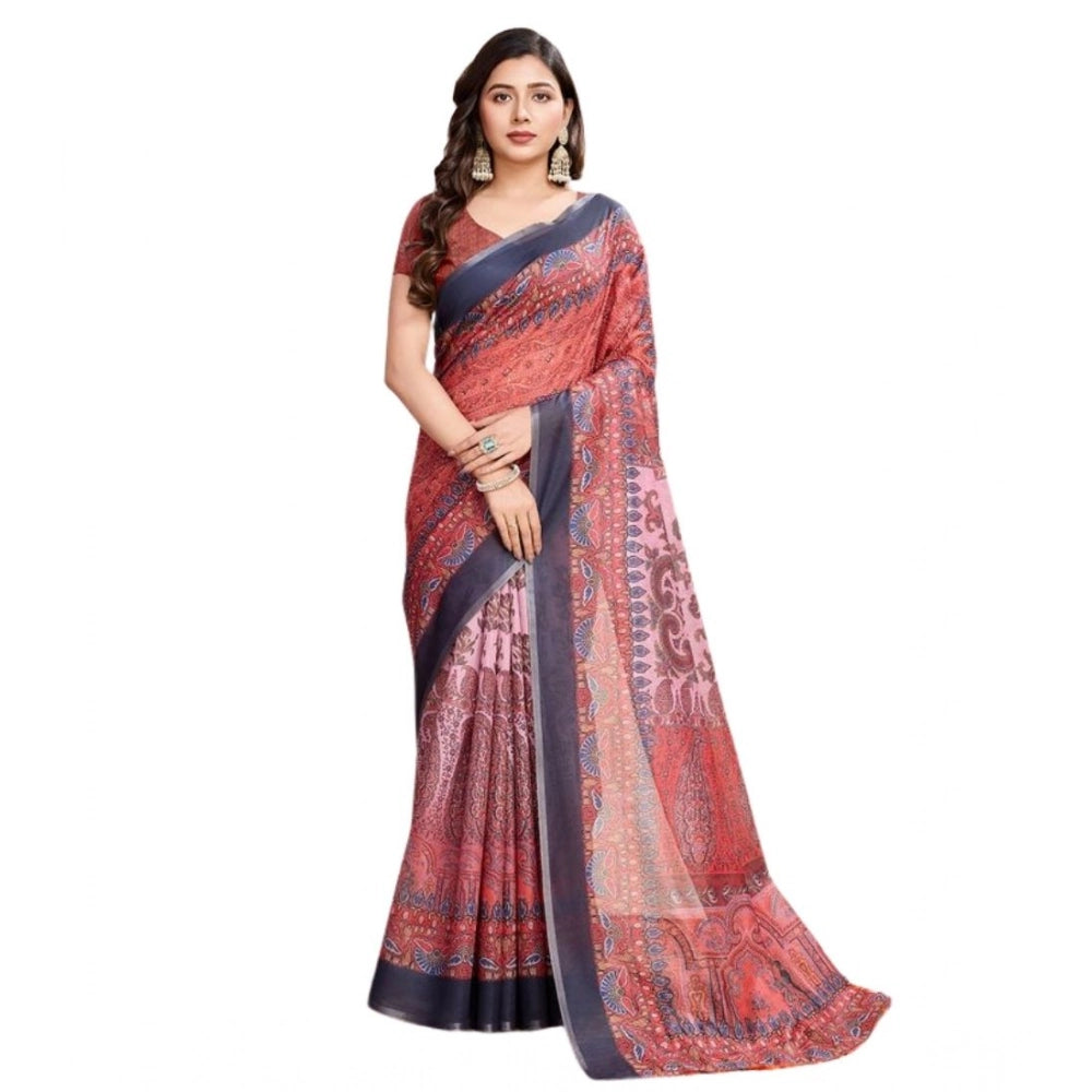 Generic Women's Semi Cotton Digital Print Saree With Unstitched Blouse 5.5Mtr (Peach)