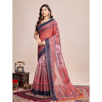 Generic Women's Semi Cotton Digital Print Saree With Unstitched Blouse 5.5Mtr (Peach)