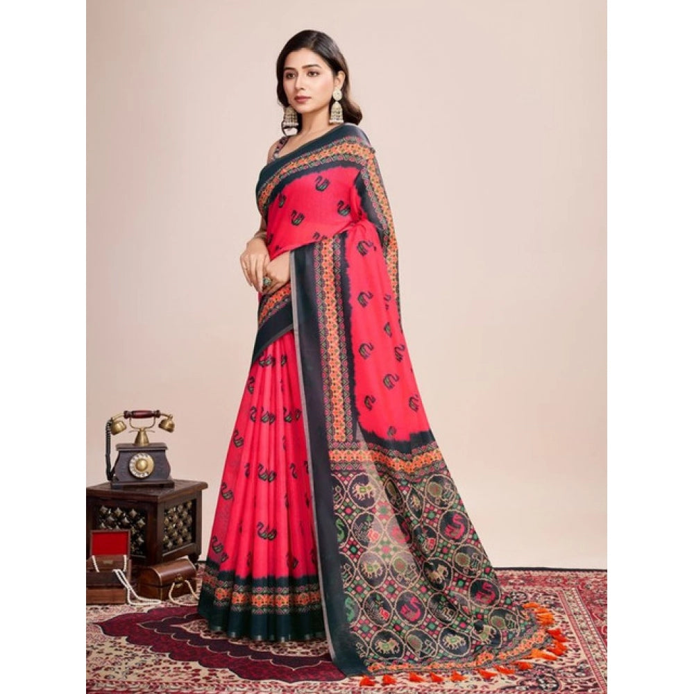 Generic Women's Semi Cotton Digital Print Saree With Unstitched Blouse 5.5Mtr (Red)