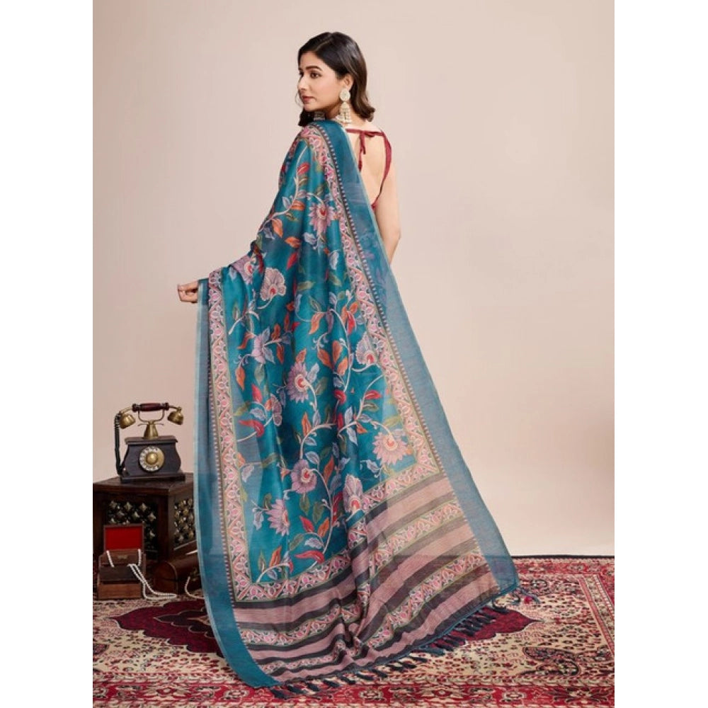 Generic Women's Semi Cotton Digital Print Saree With Unstitched Blouse 5.5Mtr (Teal)