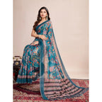 Generic Women's Semi Cotton Digital Print Saree With Unstitched Blouse 5.5Mtr (Teal)