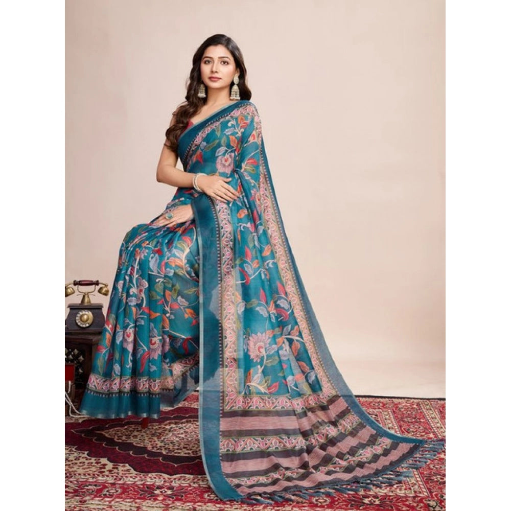 Generic Women's Semi Cotton Digital Print Saree With Unstitched Blouse 5.5Mtr (Teal)