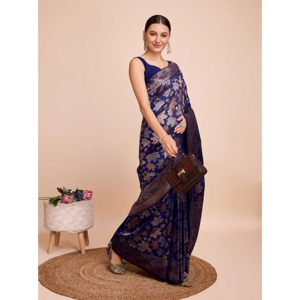 Generic Women's Soft Silk Jacquard Saree With Unstitched Blouse 5.5Mtr (Navy-Blue)