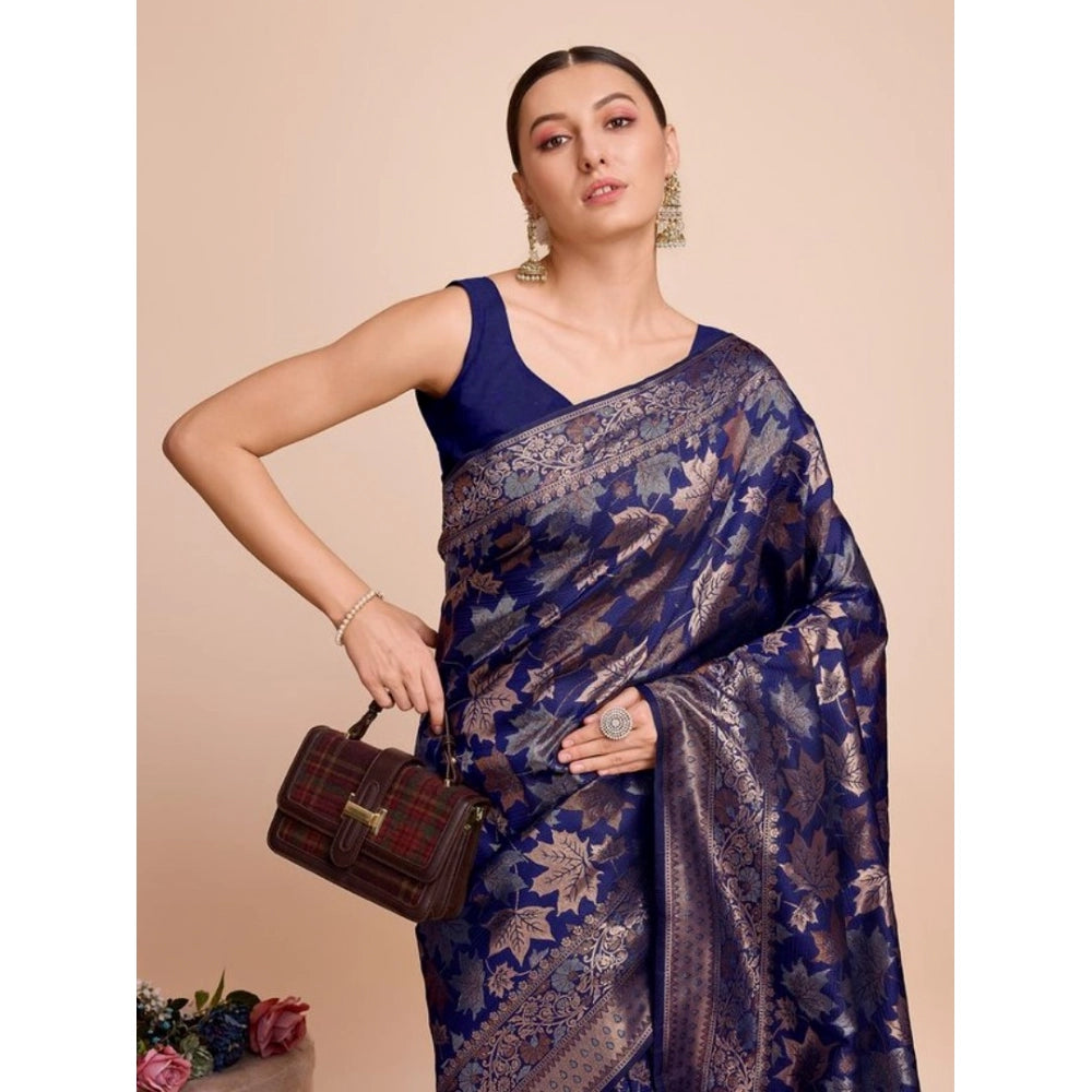 Generic Women's Soft Silk Jacquard Saree With Unstitched Blouse 5.5Mtr (Navy-Blue)