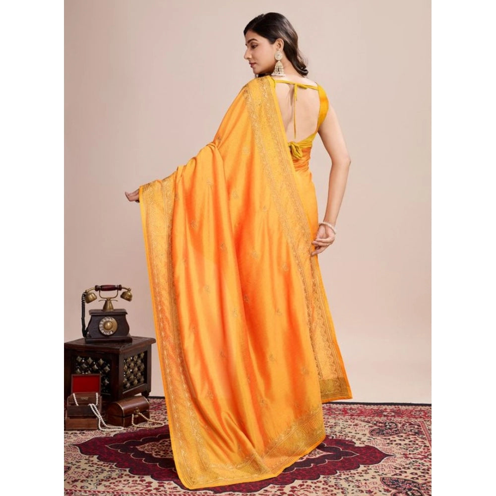 Generic Women's Vichitra Silk Embroidery Work Saree With Unstitched Blouse 5.5Mtr (Mustard)