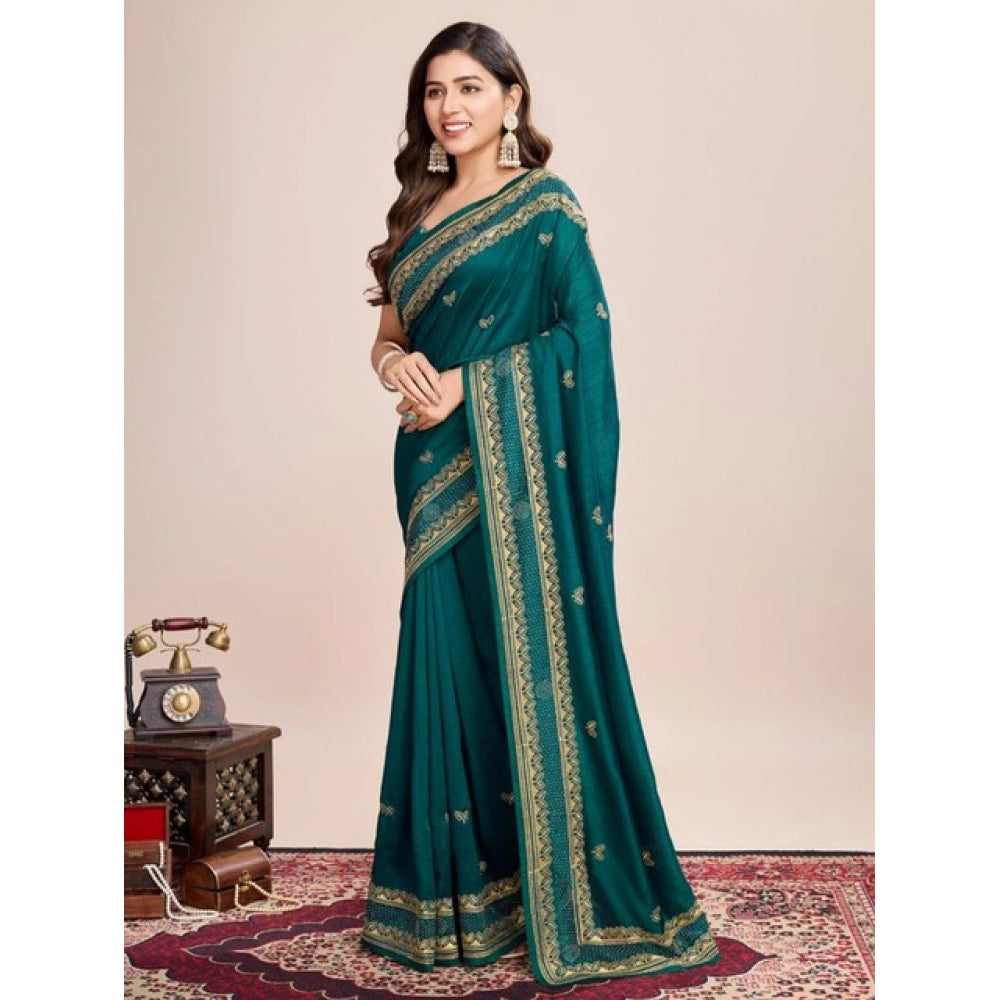 Generic Women's Vichitra Silk Embroidery Work Saree With Unstitched Blouse 5.5Mtr (Rama)