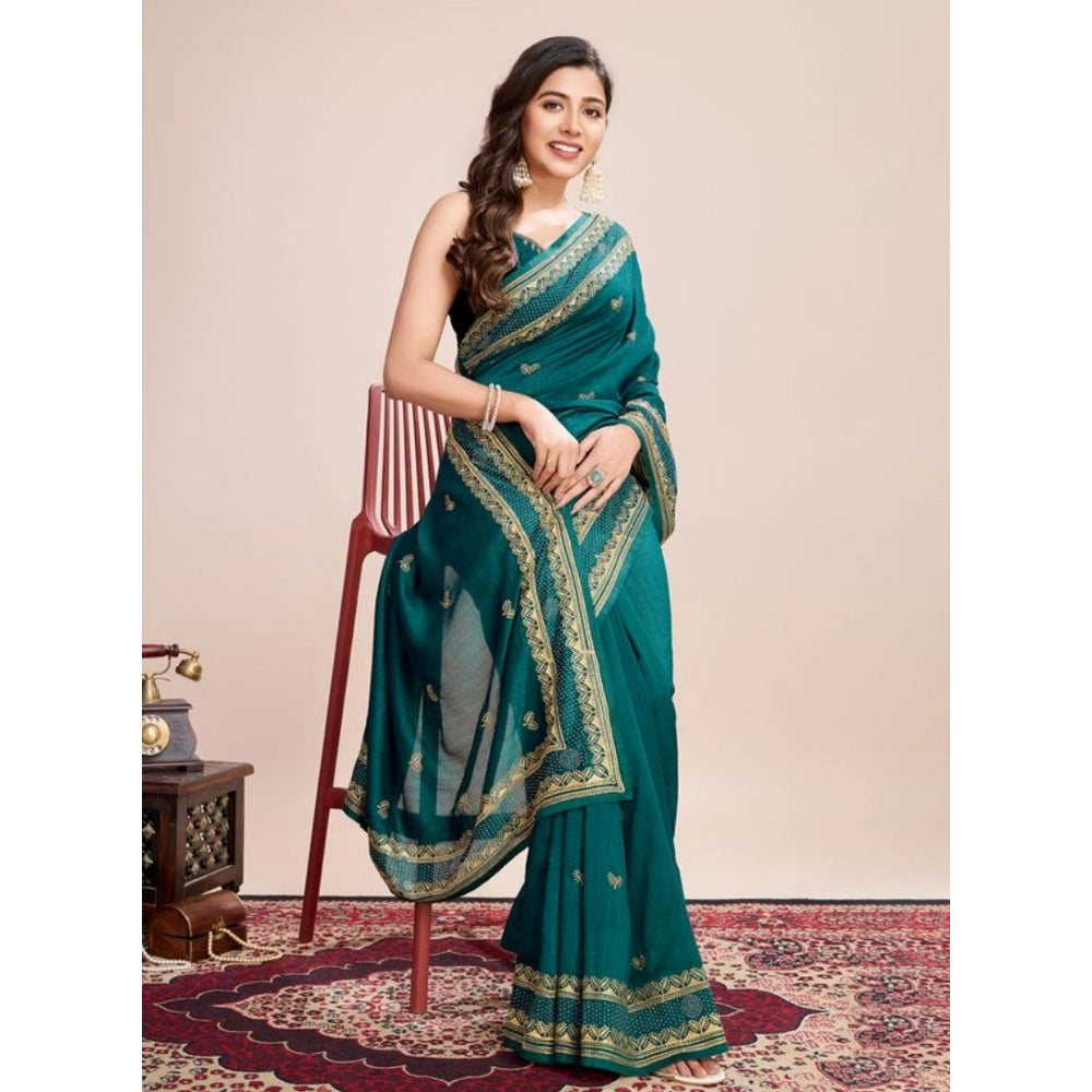 Generic Women's Vichitra Silk Embroidery Work Saree With Unstitched Blouse 5.5Mtr (Rama)