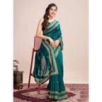 Generic Women's Vichitra Silk Embroidery Work Saree With Unstitched Blouse 5.5Mtr (Rama)