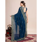 Generic Women's Vichitra Silk Embroidery Work Saree With Unstitched Blouse 5.5Mtr (Teal)