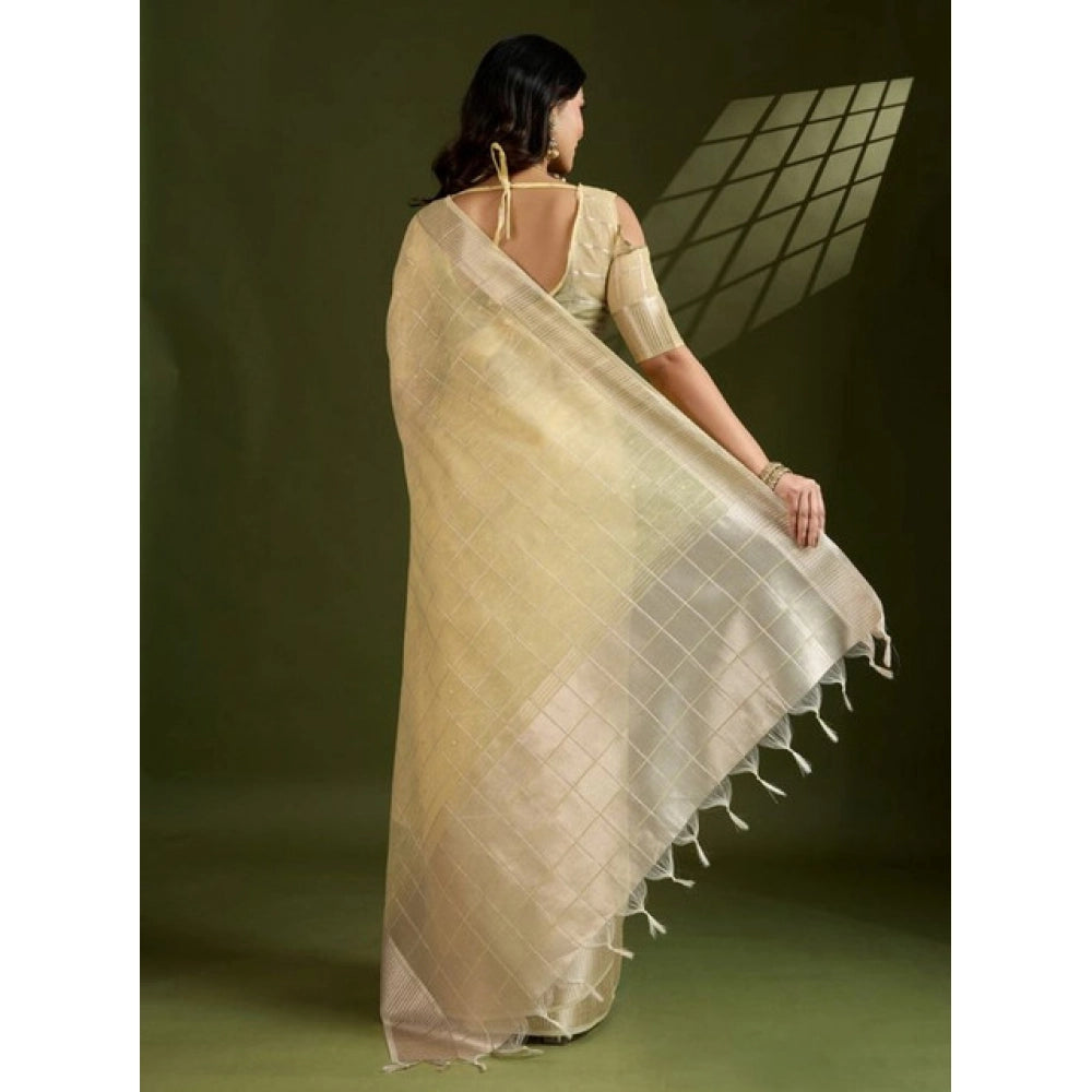 Generic Women's Tissue Checks_With_Buttis Saree With Unstitched Blouse 5.5Mtr (Yellow)