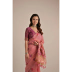 Generic Women's Blended_Cotton Floral Motifs And Woven Buttas Saree With Unstitched Blouse 5.5Mtr (Pink)