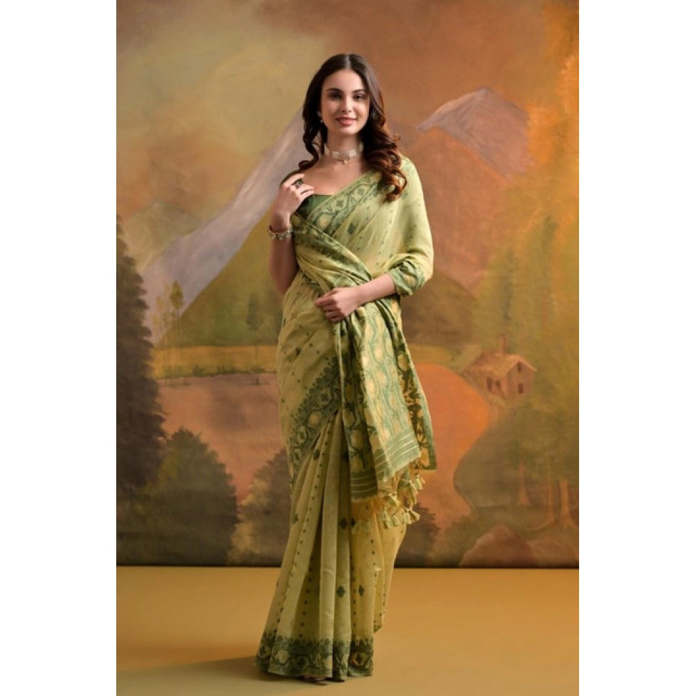Generic Women's Blended_Cotton Woven Saree With Unstitched Blouse 5.5Mtr (Light_Green)
