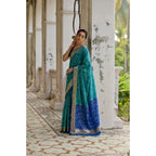 Generic Women's Silk_Blend Ethnic Ikat Pattern Saree With Unstitched Blouse 5.5Mtr (Teal)
