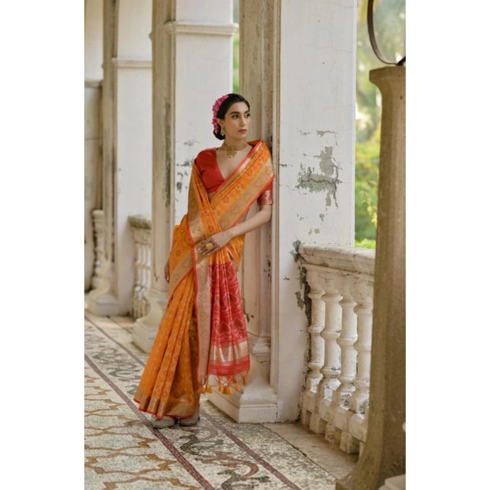 Generic Women's Silk_Blend Ethnic Ikat Pattern Saree With Unstitched Blouse 5.5Mtr (Mustard)
