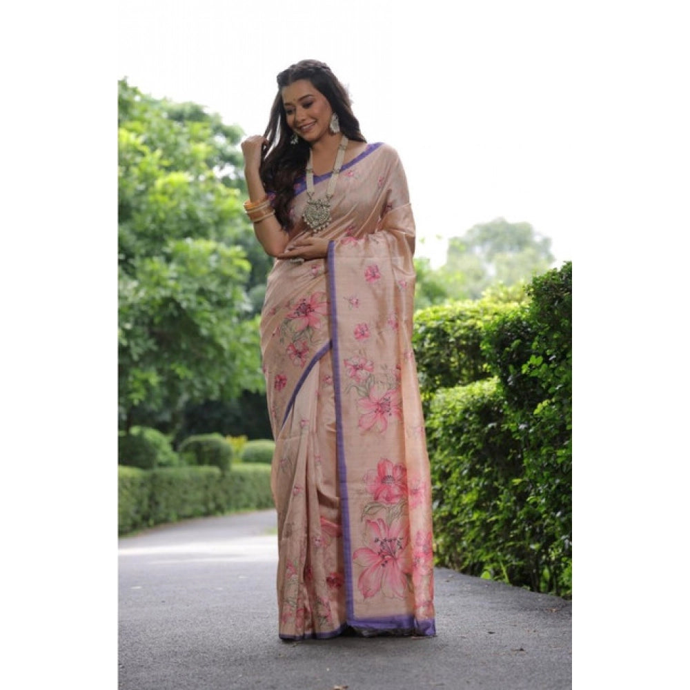 Generic Women's Faux_Tussar Floral_Print Saree With Unstitched Blouse 5.5Mtr (Beige)
