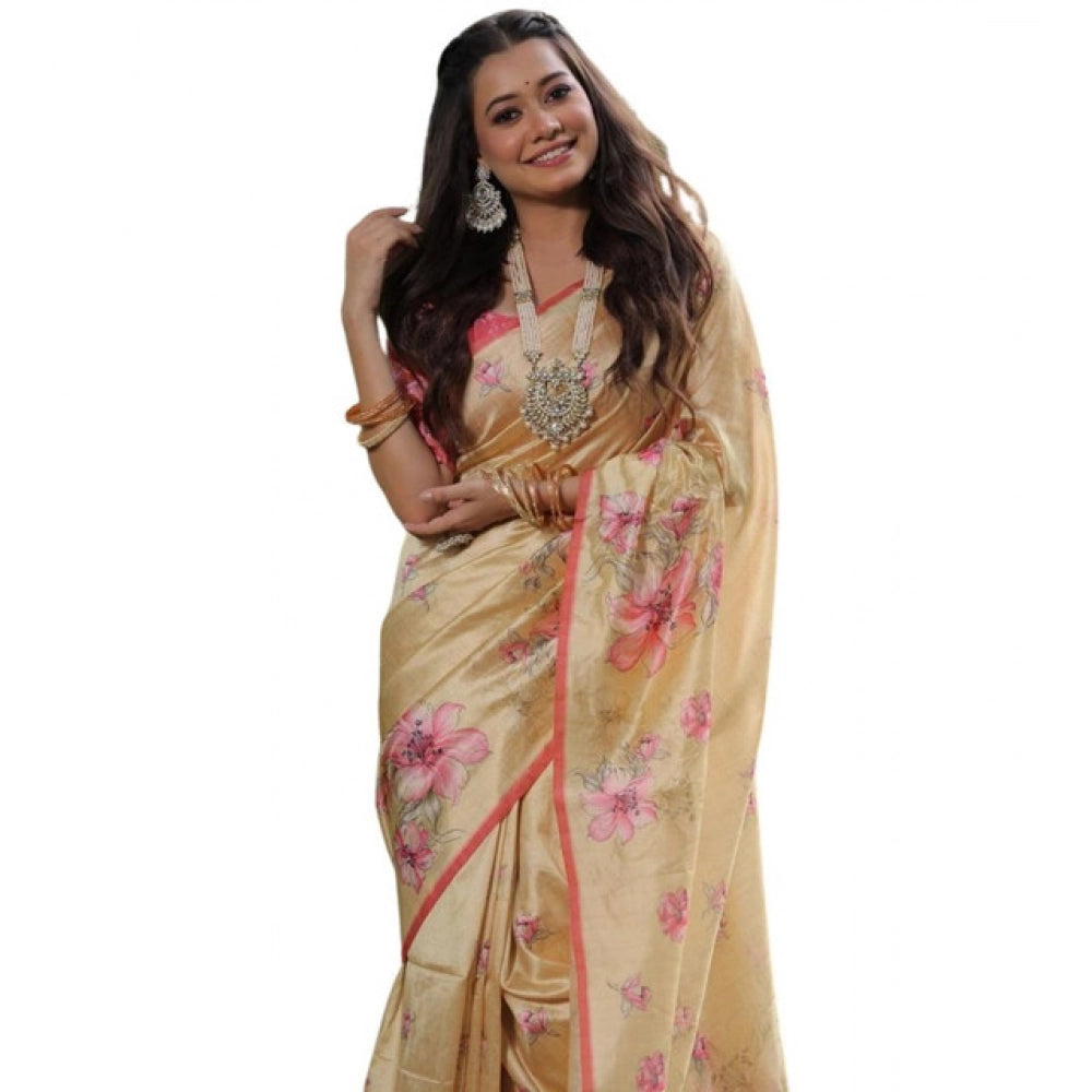 Generic Women's Faux_Tussar Floral_Print Saree With Unstitched Blouse 5.5Mtr (Cream)