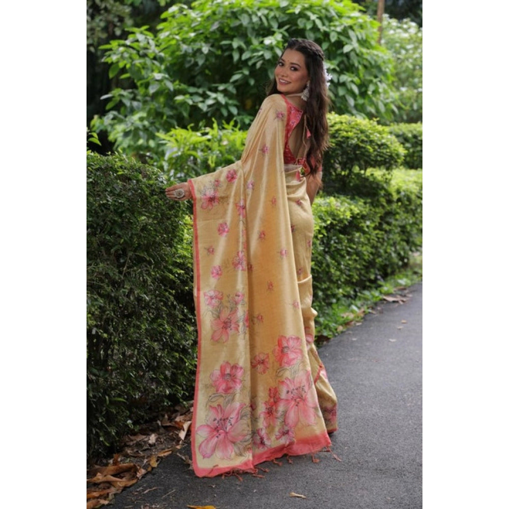 Generic Women's Faux_Tussar Floral_Print Saree With Unstitched Blouse 5.5Mtr (Cream)