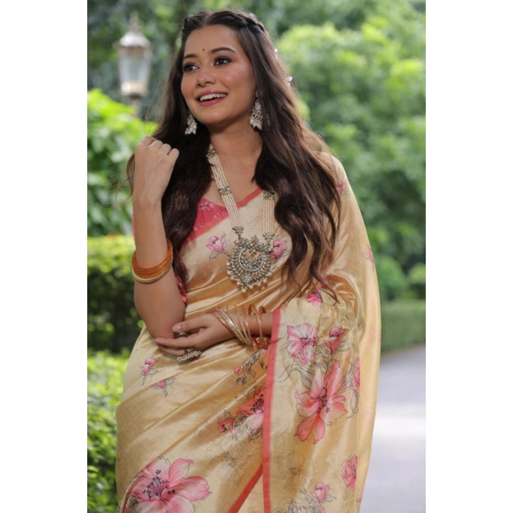 Generic Women's Faux_Tussar Floral_Print Saree With Unstitched Blouse 5.5Mtr (Cream)