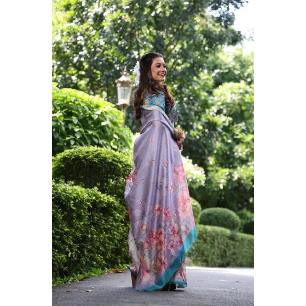 Generic Women's Faux_Tussar Floral_Print Saree With Unstitched Blouse 5.5Mtr (Lavender)