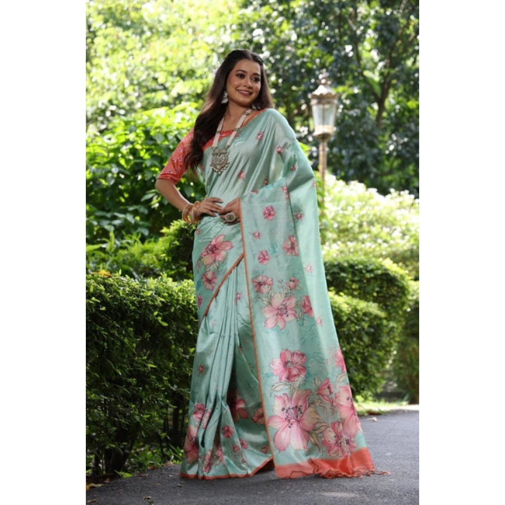 Generic Women's Faux_Tussar Floral_Print Saree With Unstitched Blouse 5.5Mtr (Dark_Green)
