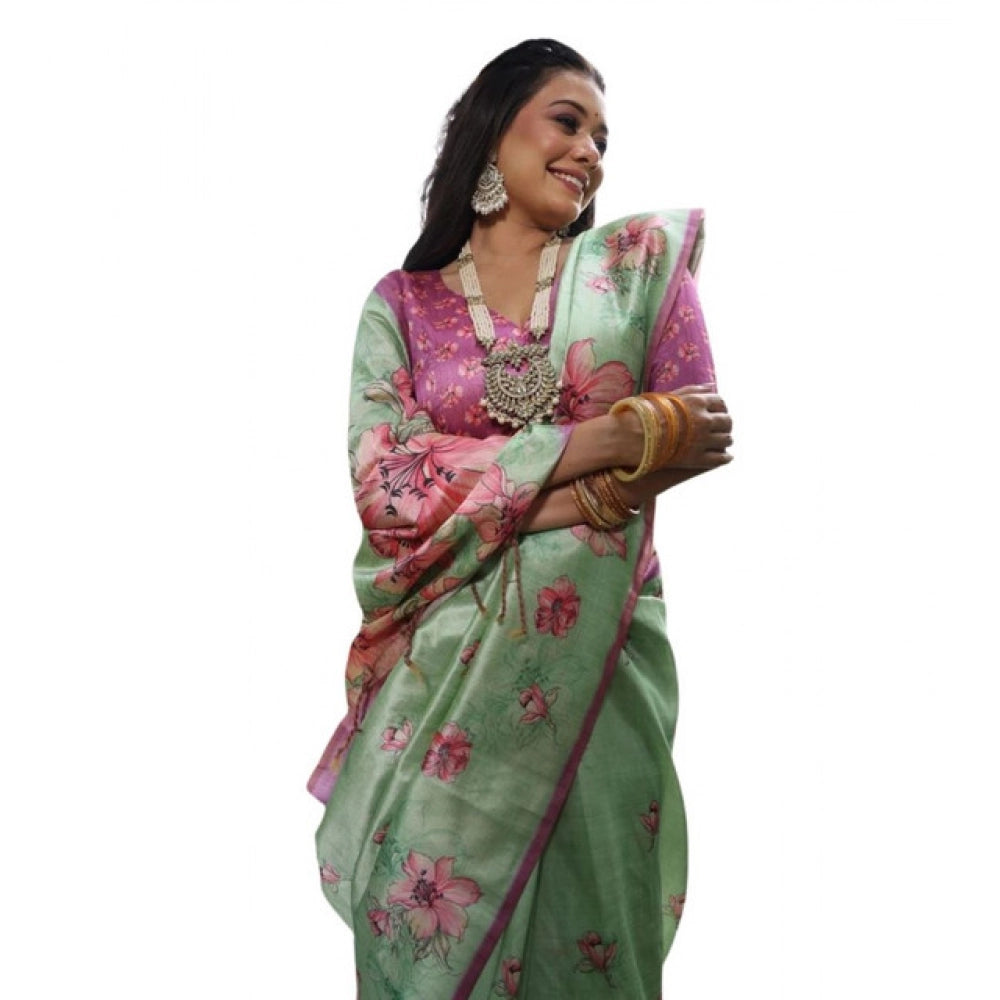 Generic Women's Faux_Tussar Floral_Print Saree With Unstitched Blouse 5.5Mtr (Light_Green)