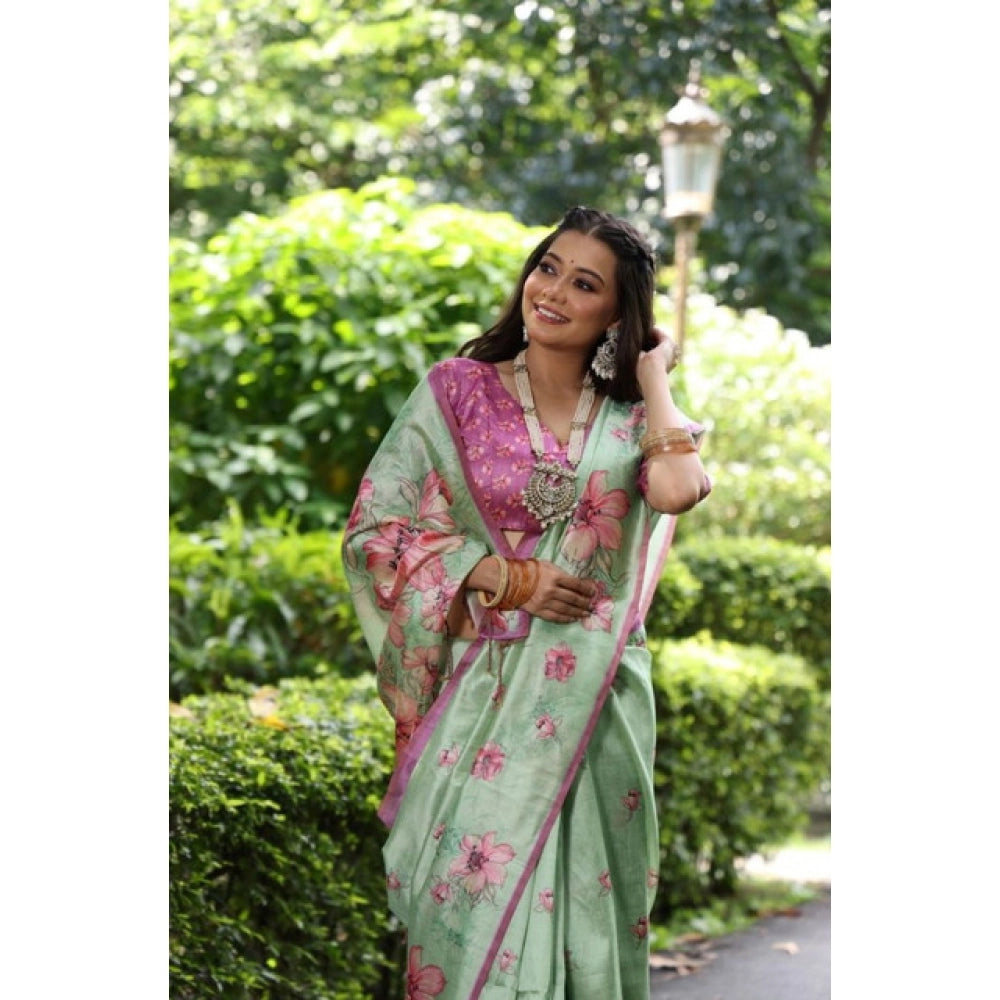 Generic Women's Faux_Tussar Floral_Print Saree With Unstitched Blouse 5.5Mtr (Light_Green)