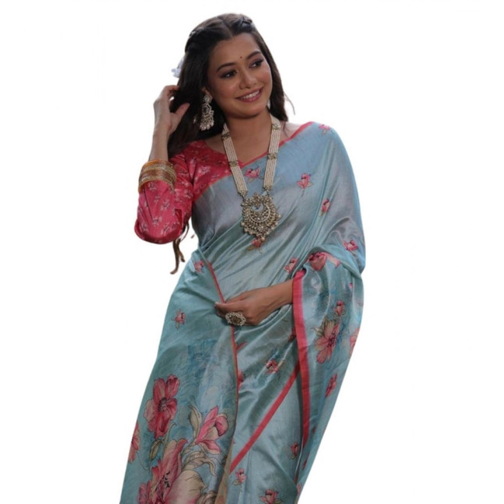 Generic Women's Faux_Tussar Floral_Print Saree With Unstitched Blouse 5.5Mtr (Sky_Blue)
