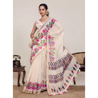 Generic Women's Linen Floral Printed Saree With Unstitched Blouse 5.5Mtr (Cream)