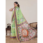 Generic Women's Linen Floral Printed Saree With Unstitched Blouse 5.5Mtr (Light Green)