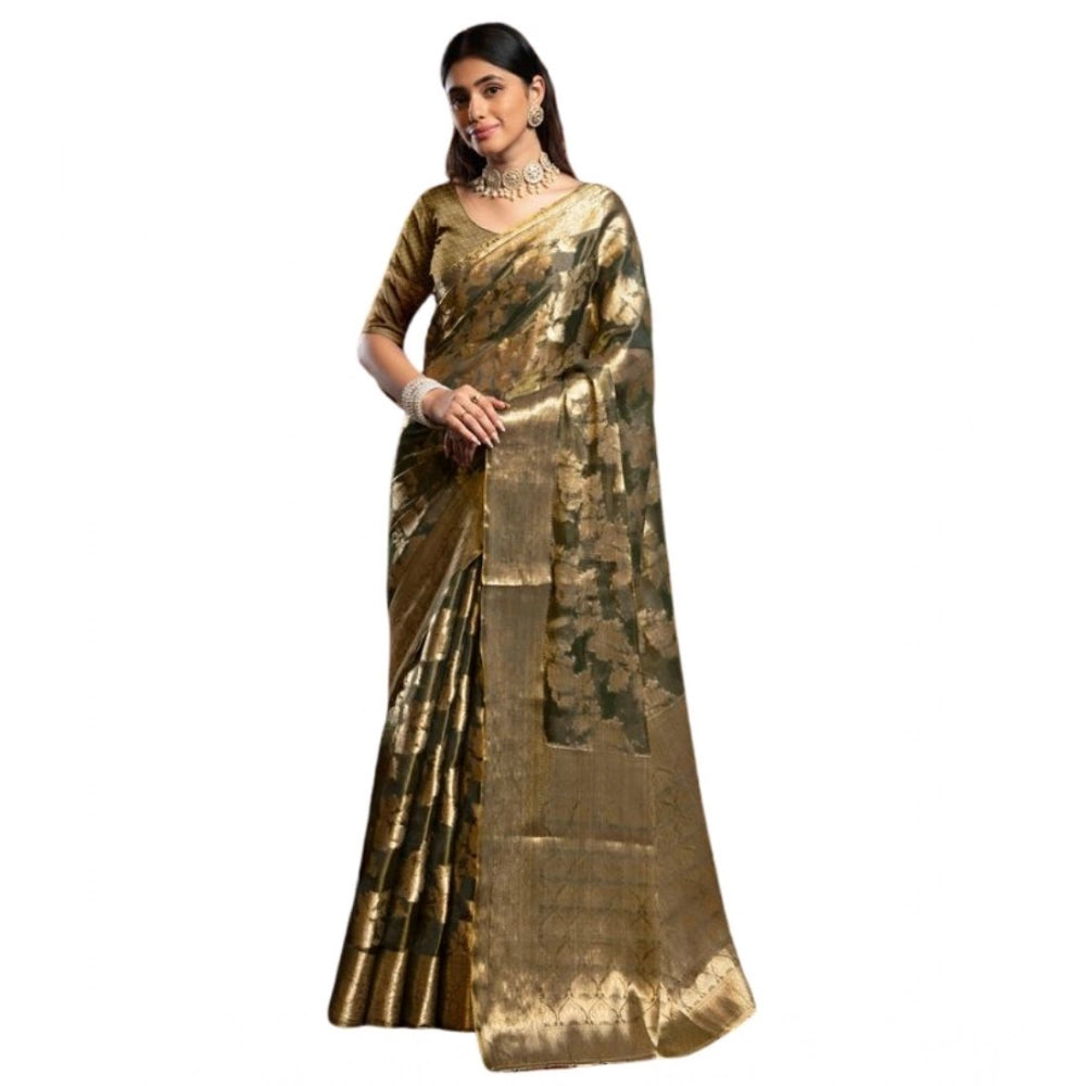 Generic Women's Organza Woven Saree With Unstitched Blouse 5.5Mtr (Grey)